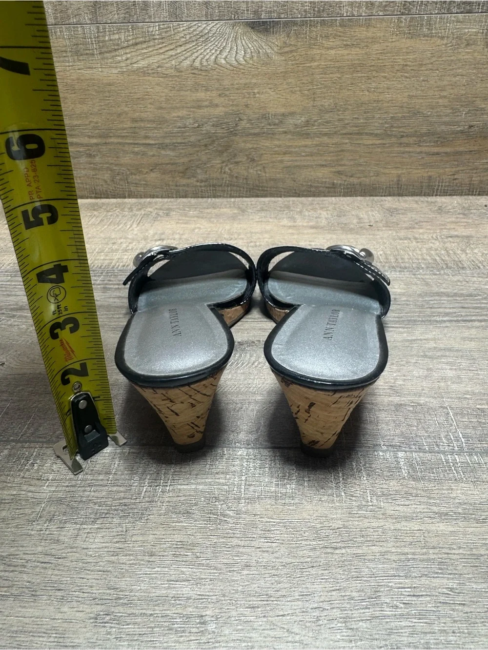 Ann Taylor Black Patent Cork Wedge Slide Sandals
